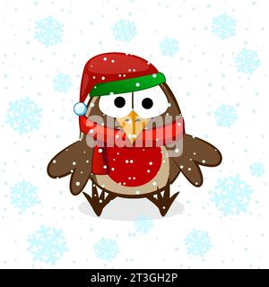 Little funy bullfinch in New Years cap and snow. Vector flat illustration Stock Vector