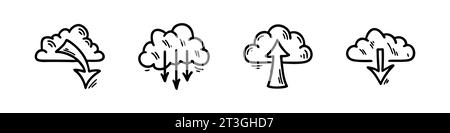 Cloud computing technology doodle icon set. Hand drawn data server service. Digital network file transfer sketch vector illustrations. Download system Stock Vector