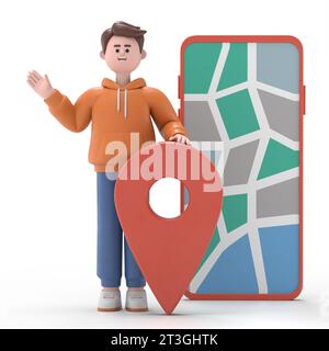 3D Illustration of smiling businessman Qadir marking locations on online city map on smartphone. Navigating, assignments, business concept. Stock Photo