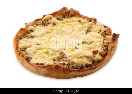 Ham, egg and broccoli quiche with melted cheese and sage leaves. Isolated on white with clipping path included Stock Photo