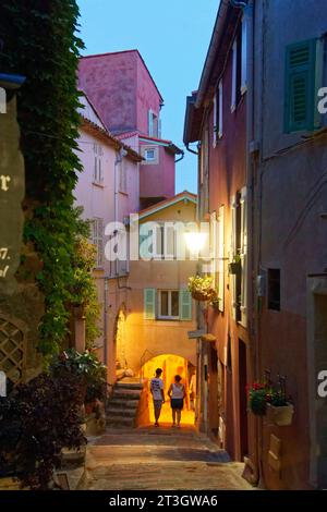 France, Alpes Maritimes, Nice, the hilltop village of Roquebrune Cap Martin, alley in the old village Stock Photo