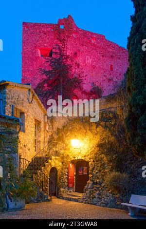 France, Alpes Maritimes, the hilltop village of Roquebrune Cap Martin dominated by its medieval castle Stock Photo