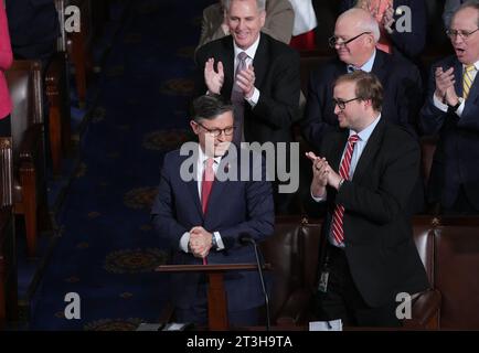 Washington, United States. 25th Oct, 2023. Rep. Mike Johnson, R-LA, votes for himself as Speaker of the House as former speaker Rep. Kevin McCarthy, R-CA, applauds at the U.S. Capitol in Washington DC on Wednesday, October 25, 2023. Photo by Pat Benic/UPI Credit: UPI/Alamy Live News Stock Photo
