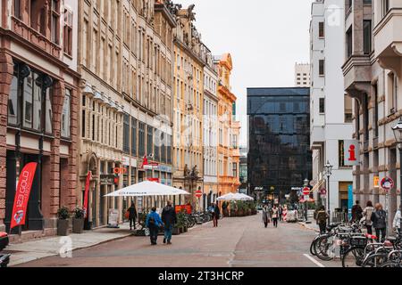 looking along the old buildings along Katharinenstrasse in Leipzig city center, Germany Stock Photo