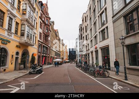 looking along the old buildings along Katharinenstrasse in Leipzig city center, Germany Stock Photo