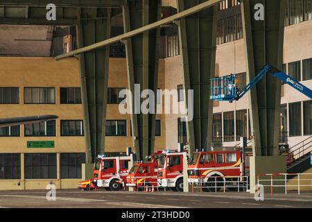 Emergency vehicles stationed at Tempelhof Airport, Berlin, Germany. The airport closed in 2008, but the fire department maintains a presence Stock Photo