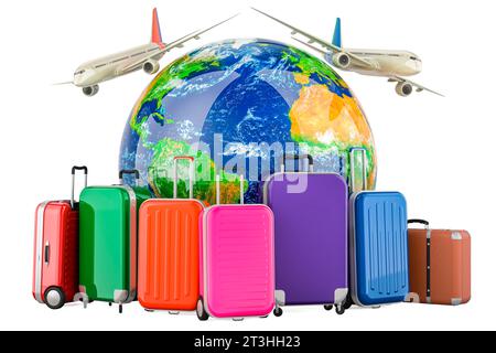 Global Air Travel, concept. Airplanes with Earth Globe and Suitcases ...