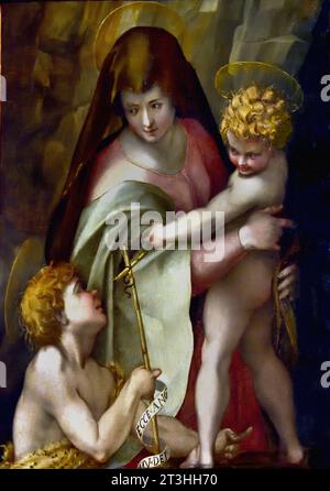 Madonna and Child with Little St. John the Baptist  Domenico Puligo (1492–1527)  Italian painter of the Renaissance, active in Florence. His real name was Domenico di Bartolomeo Ubaldini. Italy, Italian, Stock Photo