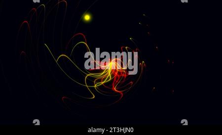 Multi-colored particles scattered from a point rotating source. Curved particle tracks. 3D render. Stock Photo