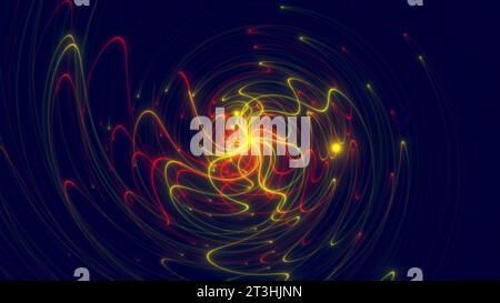 Multi-colored particles scattered from a point rotating source. Curved particle tracks. 3D render. Stock Photo