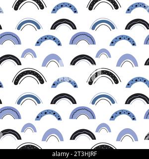 Blue rainbows with rain doodle seamless pattern. Scandinavian concept for texture design. Stock Vector