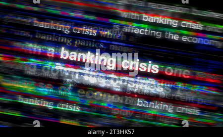 Banking crisis inflation recession and economy collapse headline news across international media. Abstract concept of news titles on noise displays. T Stock Photo