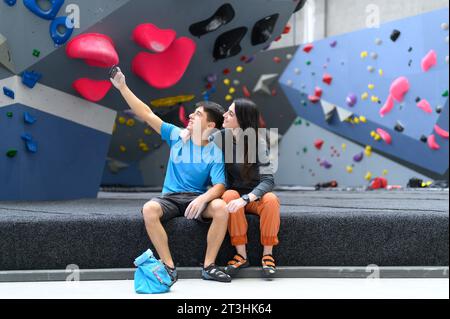 Couple taking a selfie after to practice sports Stock Photo