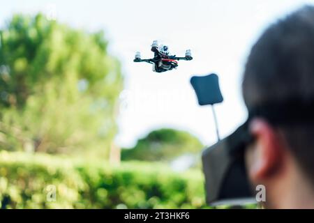 drone with fpv glasses driven by a young guy Stock Photo
