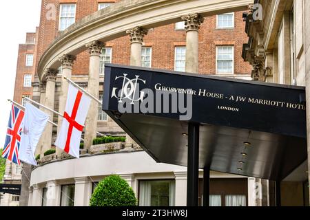 London, England, UK - 28 June 2023: Entrance to the Grosvenor Hotel on Park Lane in central London Stock Photo