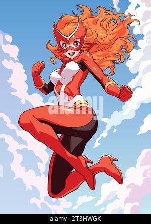 Anime style illustration of red haired superheroine flying in the sky. Stock Vector