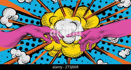 VIntage retro comics boom explosion crash with touch hands of adam by michelangelo. vector illustration Stock Vector