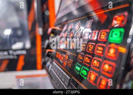 Electrical control panel with different light buttons, switches and sensors right angle view Stock Photo