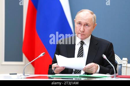 Moscow, Russia. 25th Oct, 2023. Russian President Vladimir Putin remotely attends a test of the strategic nuclear deterrence forces via video link from the Kremlin, October 25, 2023 in Moscow, Russia. Credit: Gavriil Grigorov/Kremlin Pool/Alamy Live News Stock Photo