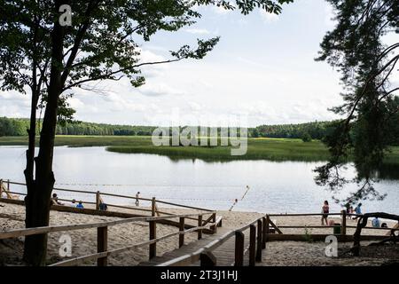 View of Echo Pond (Stawy Echo) in Roztoczanski National Park in Zwierzyniec. Roztocze National Park is located in the south-eastern part of Poland, in Roztocze, in the Lubelskie Voivodeship. It was established on May 10, 1974. The park's management is based in the Plenipotentiary's Palace in Zwierzyniec. Stock Photo