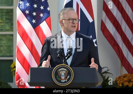 US President Joe Biden and Australia Prime Minister Anthony Albanese hold a press conference today on October 25, 2023 at Rose Garden/White House in Washington DC, USA. (Photo by Lenin Nolly/Sipa USA) Stock Photo