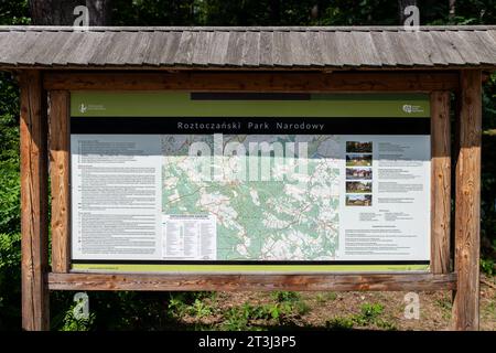 August 9, 2023, Zwierzyniec, Lubelskie Voivodeship, Poland: Map of Roztoczanski Park Narodowy seen near Echo Pond (Stawy Echo) in Zwierzyniec. Roztocze National Park is located in the south-eastern part of Poland, in Roztocze, in the Lubelskie Voivodeship. It was established on May 10, 1974. The park's management is based in the Plenipotentiary's Palace in Zwierzyniec. (Credit Image: © Mateusz Slodkowski/SOPA Images via ZUMA Press Wire) EDITORIAL USAGE ONLY! Not for Commercial USAGE! Stock Photo