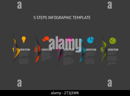 Vector five steps progress or options template with icons and color blobs cut from the dark gray paper, descriptions and icons. Stock Vector