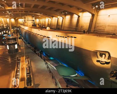 a German U-505 U-boat submarine on display at the Museum of Science and Industry, Chicago. The sub was captured by U.S. forces during World War II Stock Photo