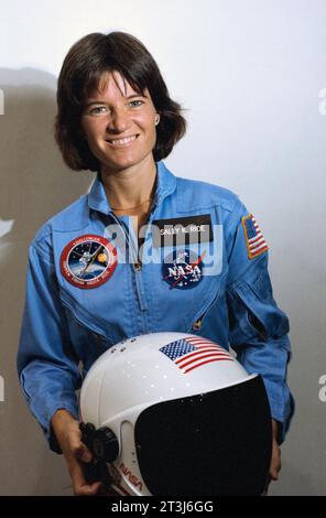 Astronaut Sally K. Ride takes a break from training as a mission specialist for NASA's STS-7 spaceflight in Earth orbit. Stock Photo