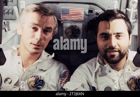 Cernan and Schmitt, Astronaut Eugene A. Cernan (left) and scientist-astronaut Harrison H. 'Jack' Schmitt are photographed by the third crew man aboard the Apollo 17 spacecraft during the final lunar landing mission in NASA's Apollo program. Stock Photo