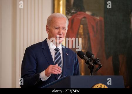 Washington, United States. 24th Oct, 2023. U.S President Joe Biden delivers remarks during the National Medal of Science awards ceremony in the East Room of the White House, October 24, 2023 in Washington, DC Credit: Christopher Kaufmann/U.S. Army Photo/Alamy Live News Stock Photo