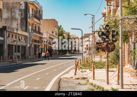 a broken traffic signal in the ghost town of Varosha, Northern Cyprus. Re-opened to the public in 2020 Stock Photo