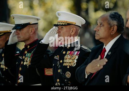 Jacksonville, United States. 23rd Oct, 2023. U.S. Marine Corps Commandant Gen. Eric Smith, center, and Secretary of the Navy Carlos Del Toro, right, salute during the 40th Beirut Memorial Observance Ceremony at Lejeune Memorial Gardens October 23, 2023 in Jacksonville, North Carolina. The memorial observance is in remembrance of the lives lost in the terrorist attacks at U.S. Marine Barracks in Beirut. Credit: LCpl. Zachary Zephir/U.S. Marines/Alamy Live News Stock Photo