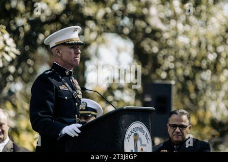 Jacksonville, United States. 23rd Oct, 2023. U.S. Marine Corps Commandant Gen. Eric Smith delivers remarks during the 40th Beirut Memorial Observance Ceremony at Lejeune Memorial Gardens October 23, 2023 in Jacksonville, North Carolina. The memorial observance is in remembrance of the lives lost in the terrorist attacks at U.S. Marine Barracks in Beirut. Credit: LCpl. Zachary Zephir/U.S. Marines/Alamy Live News Stock Photo