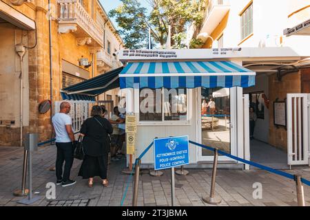 a police checkpoint at the Ledra Street Crossing on the southern side of the UN Buffer Zone in the city of Nicosia, Cyprus Stock Photo