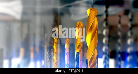 Drill bits close up wide image. High quality titanium drill bits for metal drilling. Copy space. Stock Photo