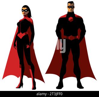 Two superheroes stand confidently, draped in flowing red capes. The woman, with bold black mask and fitted suit, contrasts the mans stoic demeanor. Stock Vector