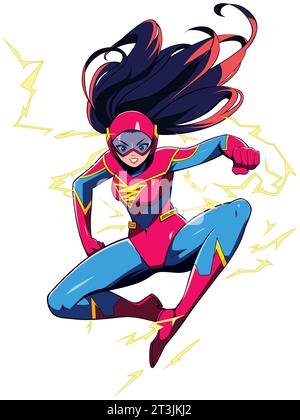 Vibrant superheroine soars through the air. Clad in a bold red, blue, and yellow suit, she exudes confidence, surrounded by electric bolts. Stock Vector