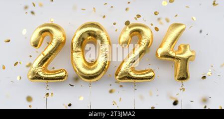 Happy New 2024 Year. 2024 golden foil balloons and falling confetti on white background. Gold helium balloon numbers. Festive poster or banner concept Stock Photo