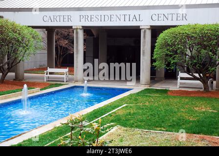 A fountain sits in front of the Jimmy Carter Presidential Library in Atlanta Georgia Stock Photo