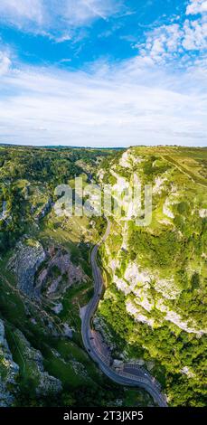 Panorama of Cliff Road in Cheddar Gorge and Caves, Cheddar Gorge, Somerset, England Stock Photo