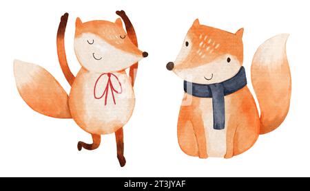 Fox with christmas costume . Watercolor paint cartoon characters . Isolated . Set 7 of 7 . Vector . Stock Vector