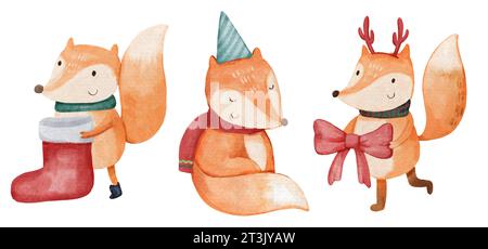 Fox with christmas costume . Watercolor paint cartoon characters . Isolated . Set 6 of 7 . Vector . Stock Vector