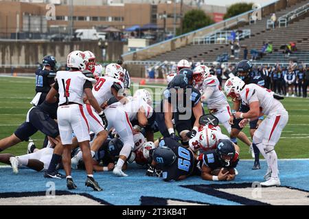 Columbia Lions running back Ty'son Edwards #22 scores a touchdown during action in the NCAA football game against the Marist Red Foxes at Robert K. Kraft Field at Lawrence A. Wien Stadium in New York , New York , Saturday, Oct. 7, 2023. (Photo: Gordon Donovan) Stock Photo