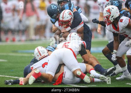 Marist Red Foxes running back Tristan Shannon #22 is piled up on a run attempt during action in the NCAA football game against the Columbia Lions at Robert K. Kraft Field at Lawrence A. Wien Stadium in New York , New York , Saturday, Oct. 7, 2023. (Photo: Gordon Donovan) Stock Photo