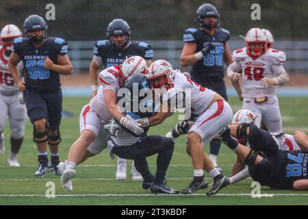 Columbia Lions running back Ty'son Edwards #22 is stoped during action in the NCAA football game against the Marist Red Foxes at Robert K. Kraft Field at Lawrence A. Wien Stadium in New York , New York , Saturday, Oct. 7, 2023. (Photo: Gordon Donovan) Stock Photo