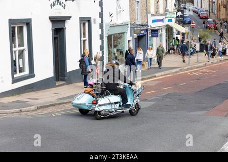 Clitheroe Lancashire hosts the Ribble Valley Scooter rally, pictured scooter with sidecar in Castle street,Lancashire,England,UK,2023 Stock Photo