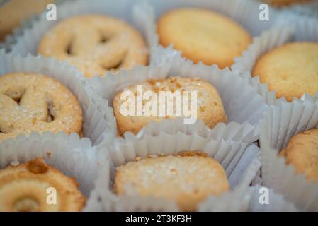 Danish butter cookies sweet tea biscuits stacked in paper packaging Stock Photo