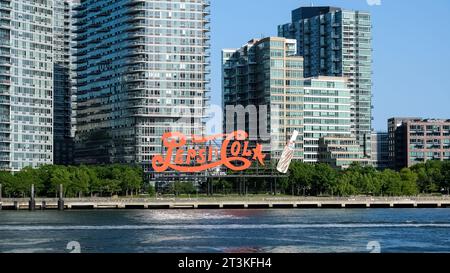 New York – May 2023 – View of the Pepsi-Cola sign, a neon sign at Gantry Plaza State Park in the Long Island City neighborhood of Queens in New York Stock Photo