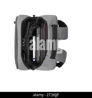 new design big capacity laptop backpack bag isolated on white background with clipping path. travel college school backpack. open view. Stock Photo